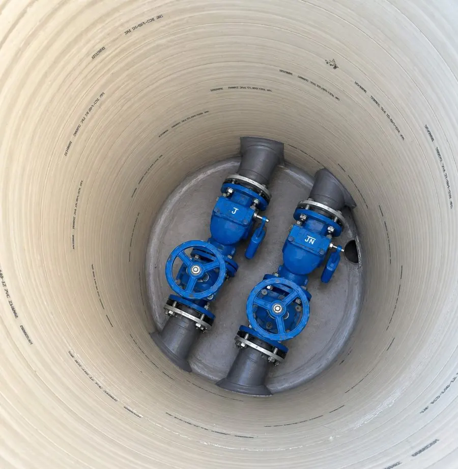 Looking down a chamber at two blue gate valves